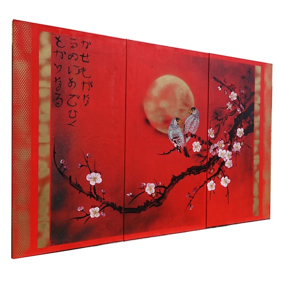 Rot Japan art cherry blossom and love birds Japanese style Zen painting J187 Large paintings acrylic gold wall art by artist Ksavera