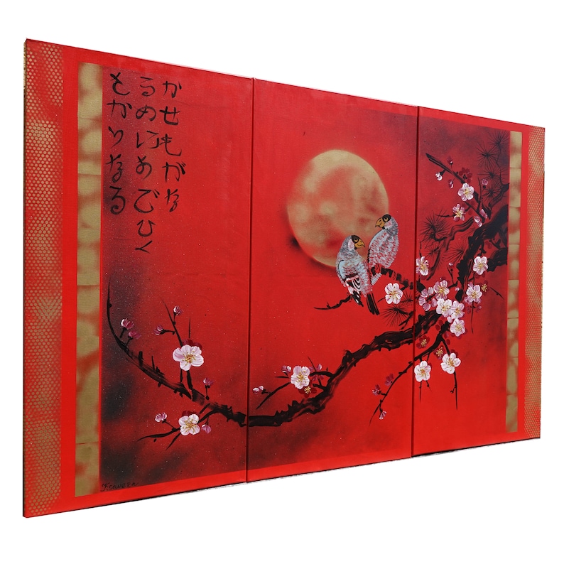 Rot Japan art cherry blossom and love birds Japanese style Zen painting J187 Large paintings acrylic gold wall art by artist Ksavera image 1