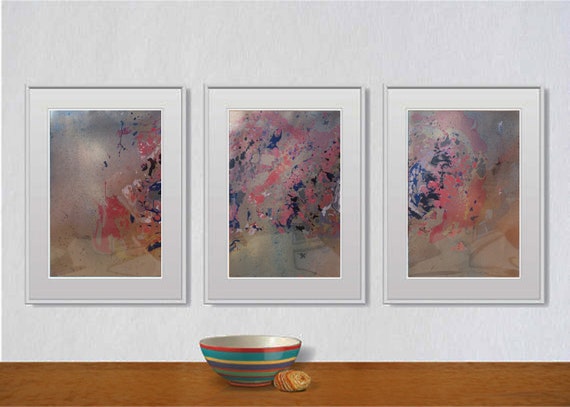 Set of 3 Fluid abstract original paintings on paper A4 - 18J047