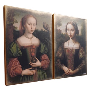 May include: Two framed paintings of women in Renaissance-style clothing. The woman on the left is holding a small, ornate object. The woman on the right is wearing a pearl necklace. Both paintings have a gold frame.
