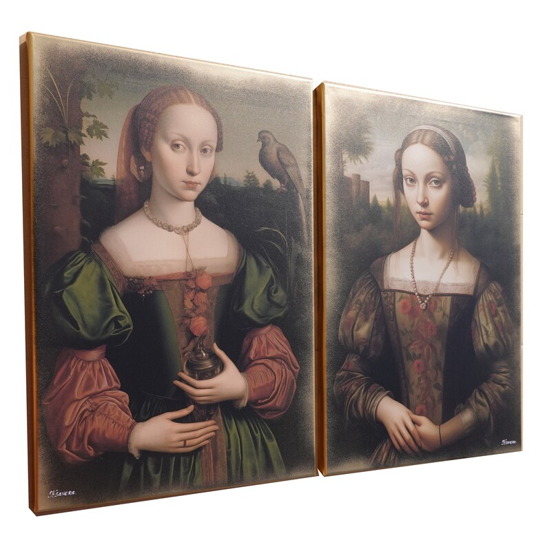 May include: Two framed paintings of women in Renaissance-style clothing. The woman on the left is holding a small, ornate object. The woman on the right is wearing a pearl necklace. Both paintings have a gold frame.