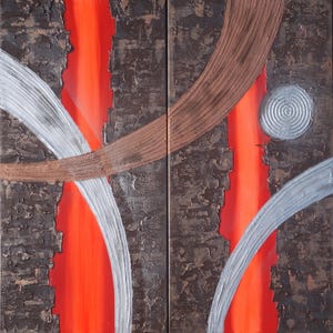 The image is a striking abstract artwork featuring bold, intersecting lines in shades of red and brown, creating a sense of movement and energy. The composition is visually engaging and captures the viewer's attention.