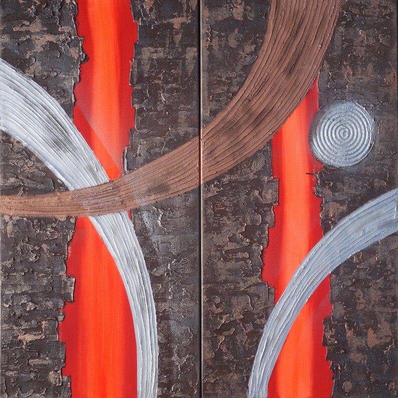 The image is a striking abstract artwork featuring bold, intersecting lines in shades of red and brown, creating a sense of movement and energy. The composition is visually engaging and captures the viewer's attention.