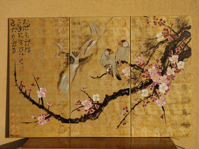 Japan art cherry blossom and love birds Japanese style Zen painting J135 Large paintings acrylic gold wall art by artist Ksavera image 6