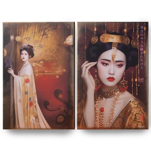 May include: Two paintings of women in traditional Chinese clothing. The woman on the left is standing in a doorway, while the woman on the right is sitting and looking at the viewer. Both women are wearing elaborate hairstyles and jewelry. The text on the right painting reads "夢のやうな 確実な 繋がり".
