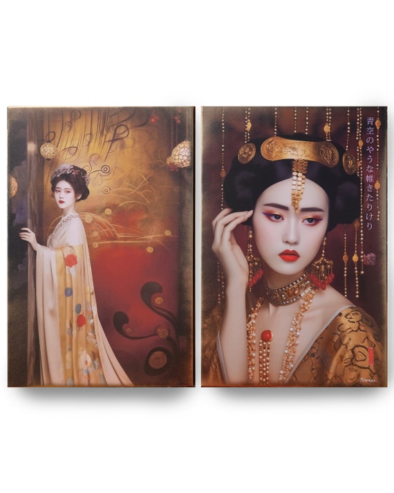 Japanese gold geisha DS0261 by artist Ksavera - set of 2 large giclee prints on streched canvas with gold spray - READY to HANG