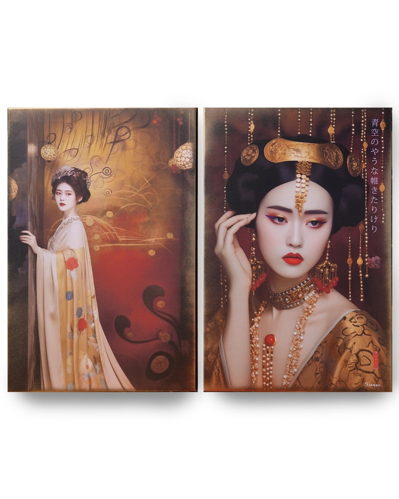May include: Two paintings of women in traditional Chinese clothing. The woman on the left is standing in a doorway, while the woman on the right is sitting and looking at the viewer. Both women are wearing elaborate hairstyles and jewelry. The text on the right painting reads "夢のやうな 確実な 繋がり".