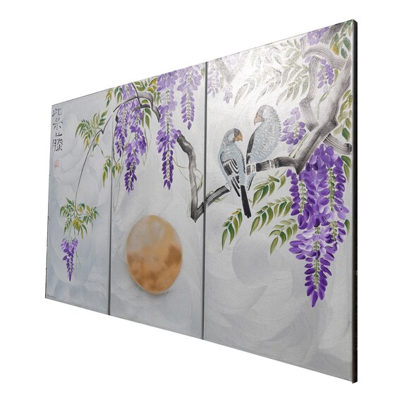 Japanese lilac wisteria and love birds J221 - large silver triptych, original art, japanese style paintings by artist Ksavera