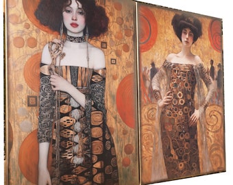 Belle Epoque DS0253 by artist Ksavera - set of 2 giclee prints on stretched canvas, black or gold edges. READY to HANG - diptych - Klimt