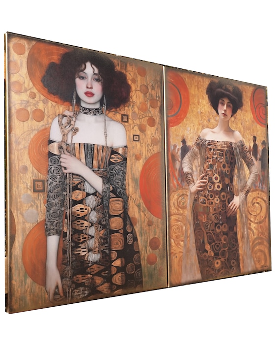 Belle Epoque DS0253 by artist Ksavera - set of 2 giclee prints on stretched canvas, black or gold edges. READY to HANG - diptych - Klimt