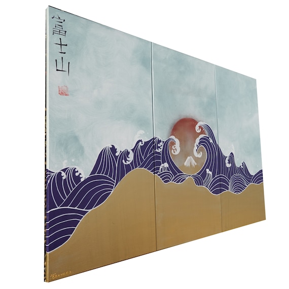 Fuji J172 - large gold triptych, original art, japanese style paintings by artist Ksavera