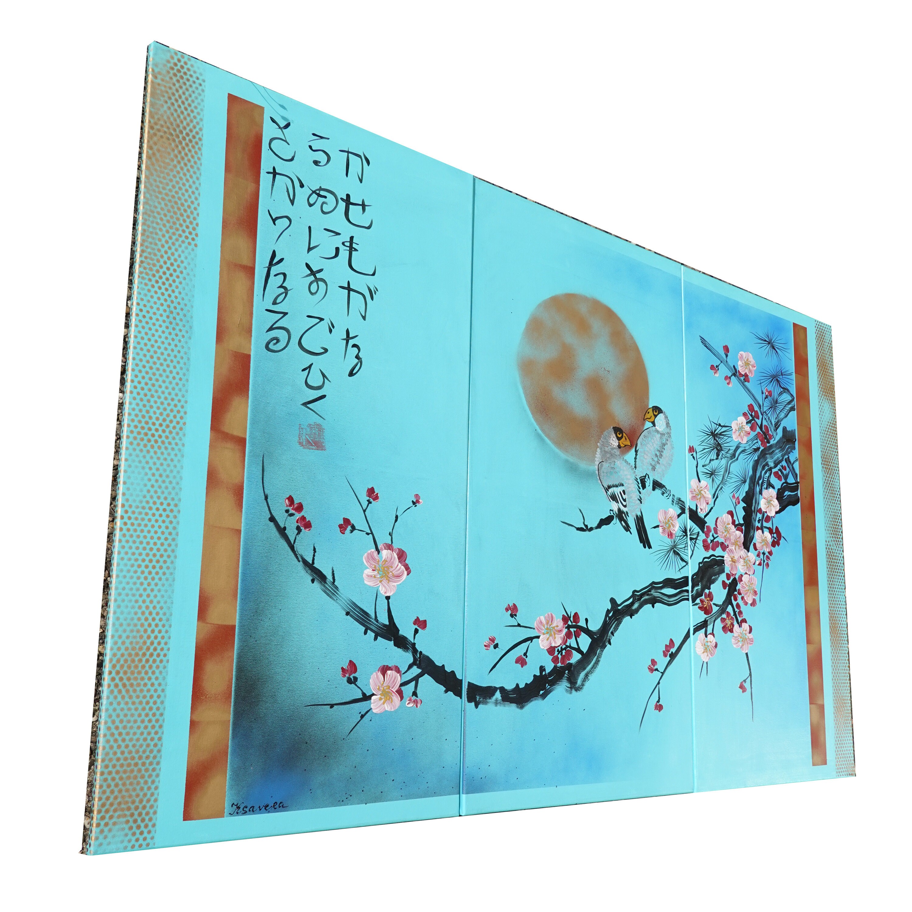 Japanese painting sakura branch sun and birds Japan Hieroglyph original  artwork in japanese style J181 wall art by artist Ksavera