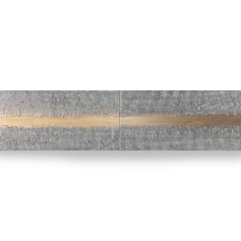 The image is a two-panel abstract artwork with a horizontal line running through the center. The line is composed of various shades of gray and gold, creating a sense of depth and movement.