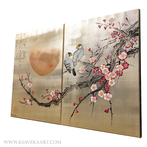 Cherry Blossom and Love Birds Painting J324 Japandi Diptych on Gold Canvas by Ksavera