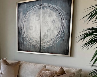 Abstract Enso Wall Art A309 Monochrome Silver Black White Set of 2 Canvases - Ksavera