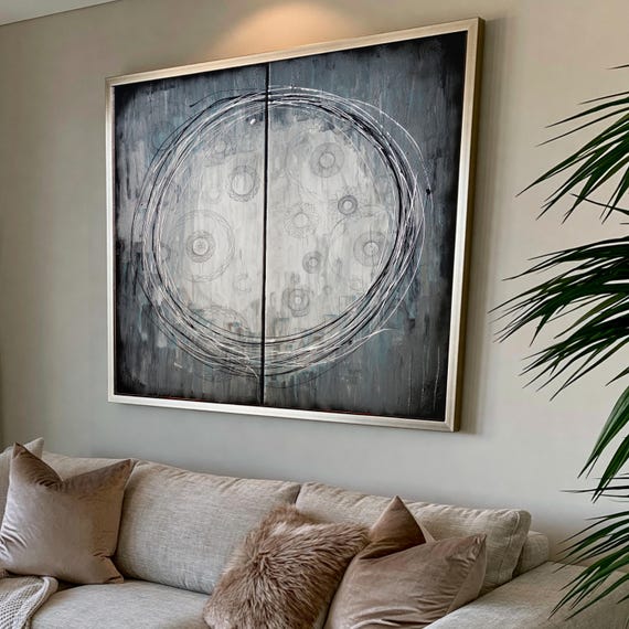 Abstract Enso Wall Art A309 Monochrome Silver Black White Set of 2 Canvases - Ksavera