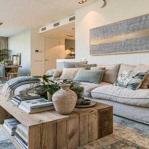a modern and well-decorated living room with a large white sofa, a wooden coffee table, and various decorative elements such as vases, books, and potted plants.