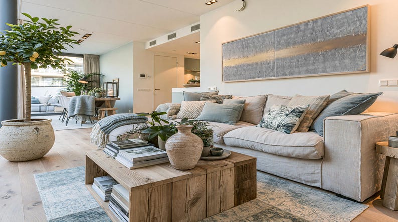 a modern and well-decorated living room with a large white sofa, a wooden coffee table, and various decorative elements such as vases, books, and potted plants.