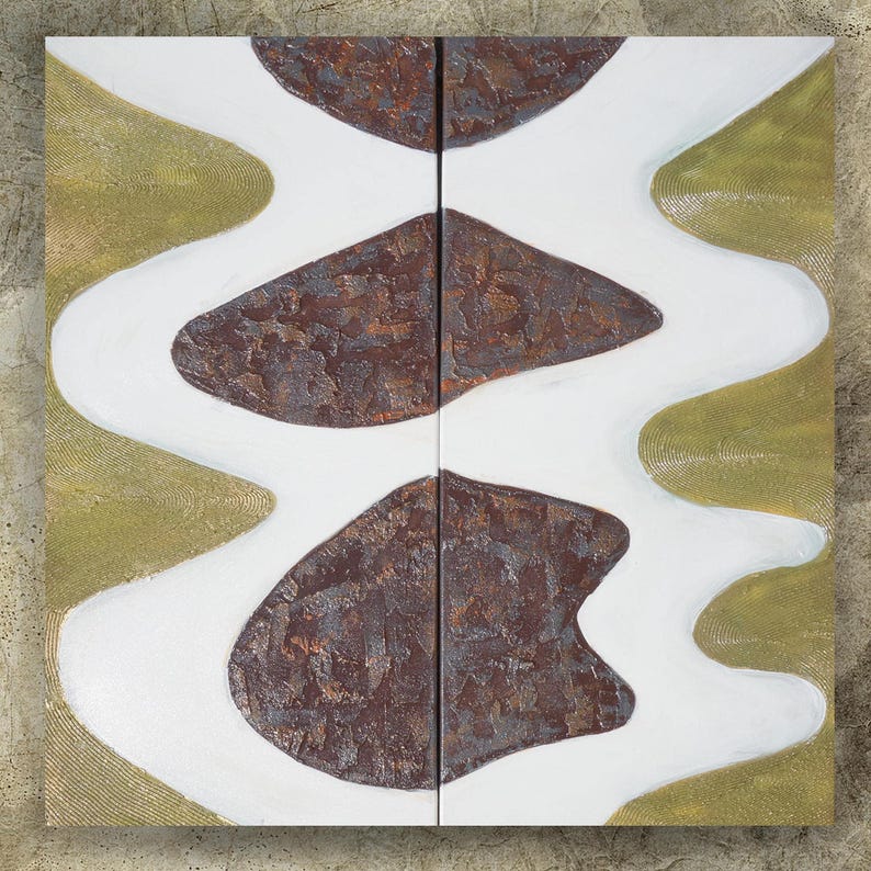 The image is a square painting divided into two sections, with a white background on the left and a brown background on the right. The painting features abstract shapes and textures, creating a visually striking composition.