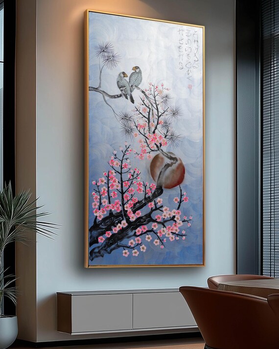 Original Japandi Wall Art J508 Love Birds Cherry Blossoms, Acrylic on Canvas, Ksavera