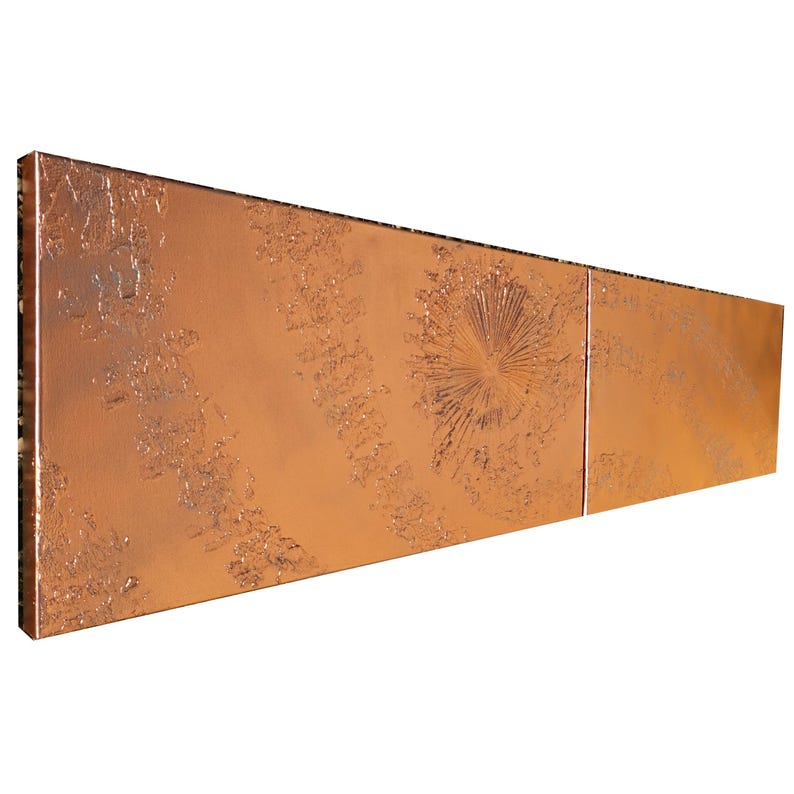 a long, rectangular, metallic surface with a textured, orange-brown appearance. The surface appears to be made of a material that resembles copper or brass, with a distinctive, circular pattern or design on it.