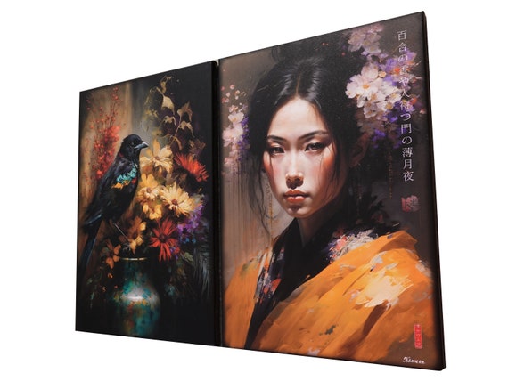 Japanese gold geisha DS0242 by artist Ksavera - set of 2 giclee prints on stretched canvas, black or gold edges. READY to HANG - diptych