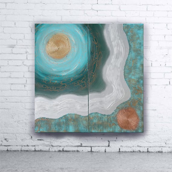 copper patina silver Abstract Painting diptych textured wall art A152 Original Contemporary Art by KSAVERA canvas mid century modern