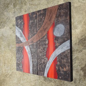 The image is an abstract painting with a combination of red, brown, and white colors, featuring curved lines and shapes that create a dynamic and visually striking composition.