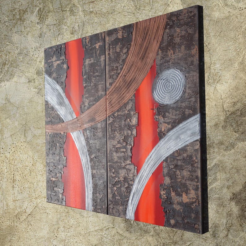 The image is an abstract painting with a combination of red, brown, and white colors, featuring curved lines and shapes that create a dynamic and visually striking composition.