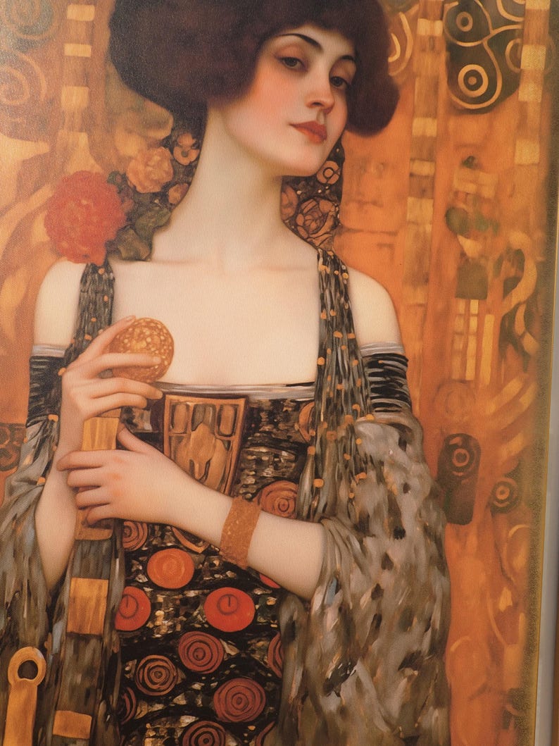 A woman with a pensive expression, wearing an ornate dress with a floral pattern, holding a small object in her hand.