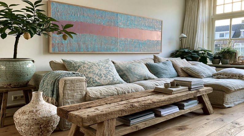 a cozy living room with a large window, a comfortable sofa with pillows, a wooden coffee table, and various decorative elements such as a potted plant, a vase, and a painting on the wall.