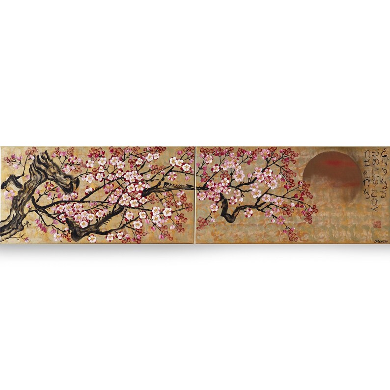 The image is a large painting depicting a cherry blossom tree with pink flowers against a golden background.
