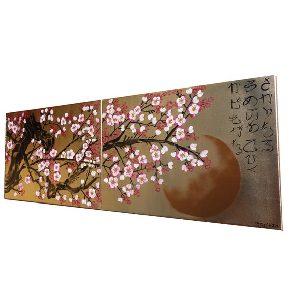 Japanese sakura J367 by artist Ksavera - diptych, original acrylic painting on gold canvas, japanese style paintings. READY to HANG.