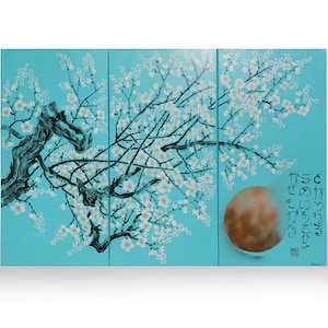 Japanese Sakura J306 cherry blossom triptych large original acrylic painting in turquoise by the artist Ksavera. image 2