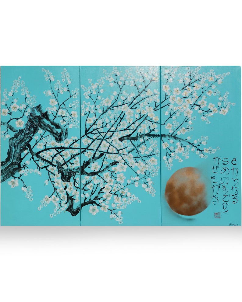 Japanese Sakura J306 cherry blossom triptych large original acrylic painting in turquoise by the artist Ksavera. image 2