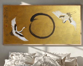 Cranes and Enso J536 | Large Horizontal Gold Japanese Painting | Ksavera