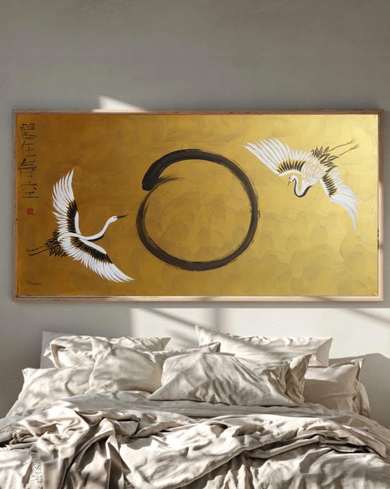 Cranes and Enso J536 | Large Horizontal Gold Japanese Painting | Ksavera