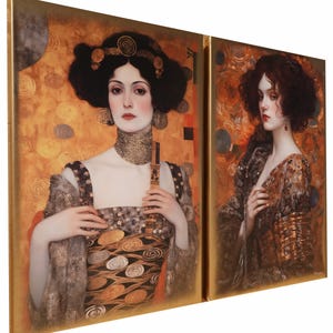 Belle Epoque DS0254 von Ksavera - Set mit 2 Giclée-Drucken auf Leinwand, Goldspray Diptychon, limitierte Auflage von 10, Klimt, Porträt