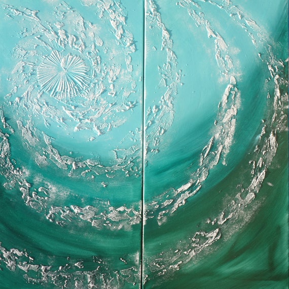 Ocean emerald green abstract art long paintings nautical marine acrylic on stretched canvas diptych modern wall art A089 by artist Ksavera