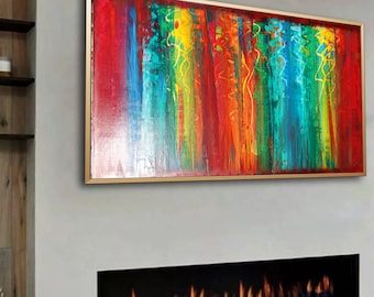 Pintura abstracta colorida A1382 | Arte mural moderno y colorido | Lienzo original rojo | Decoración contemporánea para el hogar | Ksavera