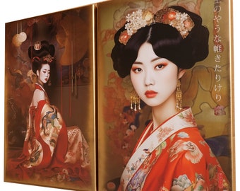 Japanese gold geisha DS0653 by artist Ksavera - set of 2 giclee prints on stretched canvas, black or gold edges. READY to HANG - diptych