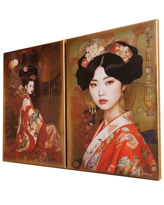 Japanese gold geisha DS0653 by artist Ksavera - set of 2 giclee prints on stretched canvas, black or gold edges. READY to HANG - diptych