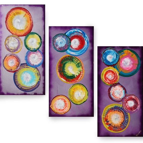 Purple tryptych Rainbow Abstract Paintings  A819 colorful art for Lounge, Office, Sleeping room or above sofa by Ksavera