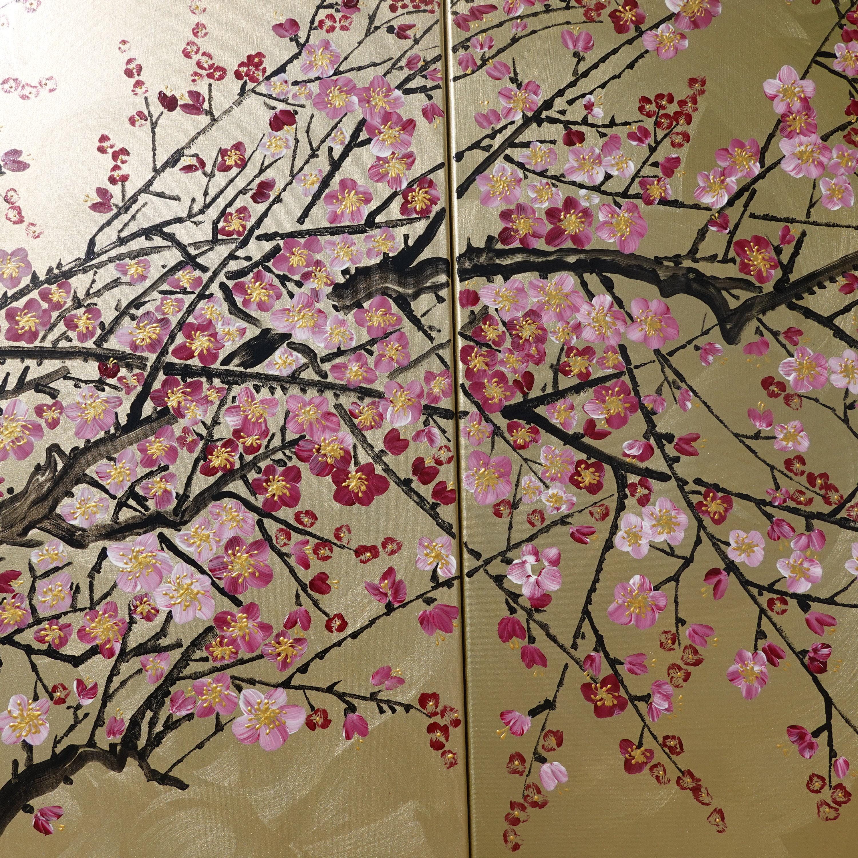 Sakura Cherry Blossom Canvas Art J243 Gold Set of Four Panels by