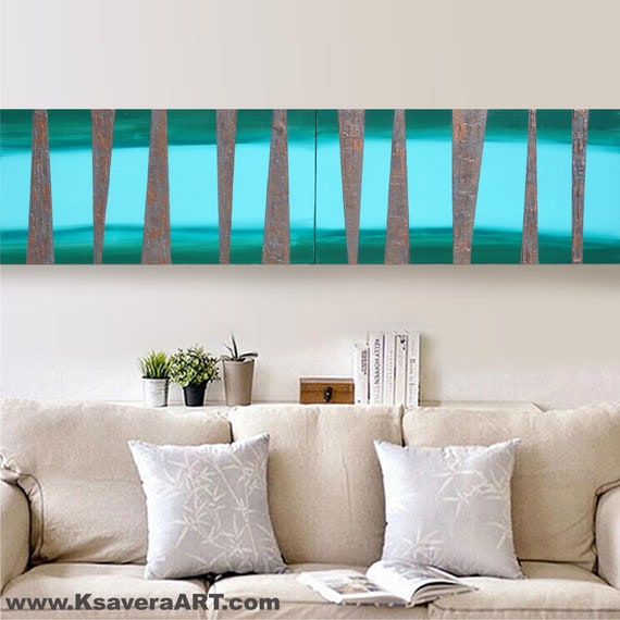 Turquoise rusty iron Abstract Painting vertical textured wall art A158 Acrylic Contemporary Art Lounge Office above sofa by artist Ksavera