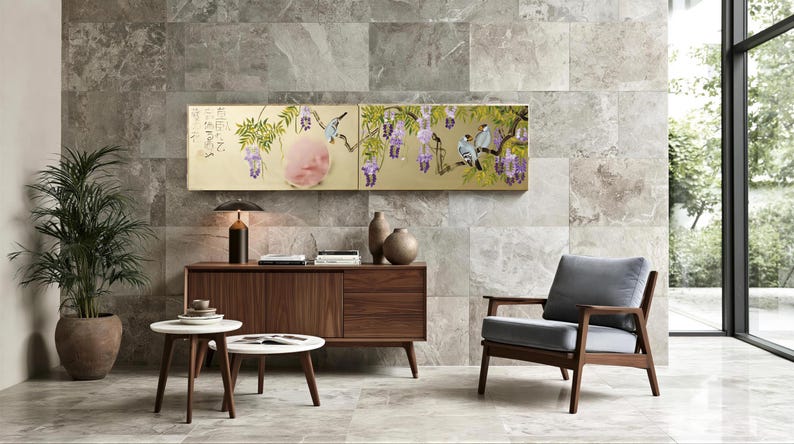 a modern living room with a large window, a wooden sideboard, a gray armchair, a wooden coffee table, and a potted plant.