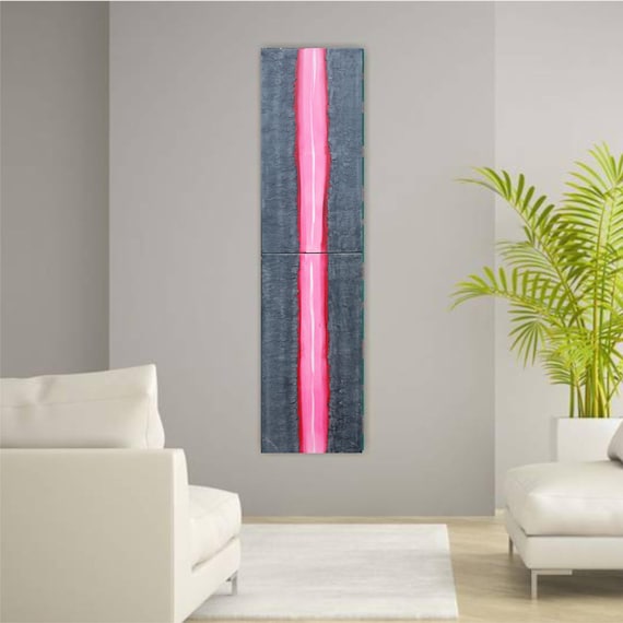 Abstract Acrylic Painting A263 Pink Stripe textured Diptych Canvas by Ksavera