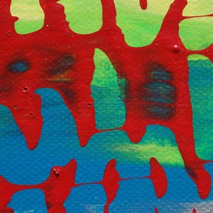 The image is a vibrant abstract painting with bold red and green colors, creating a dynamic and energetic composition.