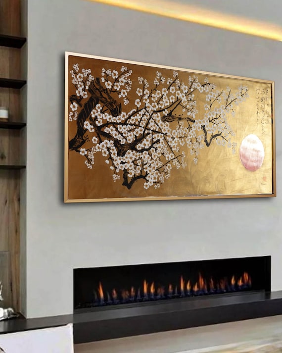 White Sakura J494 | Large Horizontal Gold Japanese Painting | Ksavera