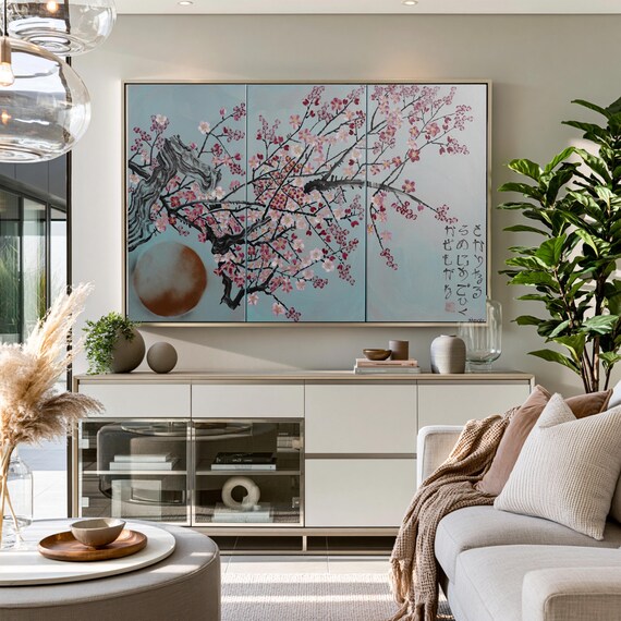 Sakura J270 | Large Japanese-Inspired Silver Teal Japandi Triptych | Original Acrylic Painting by Ksavera